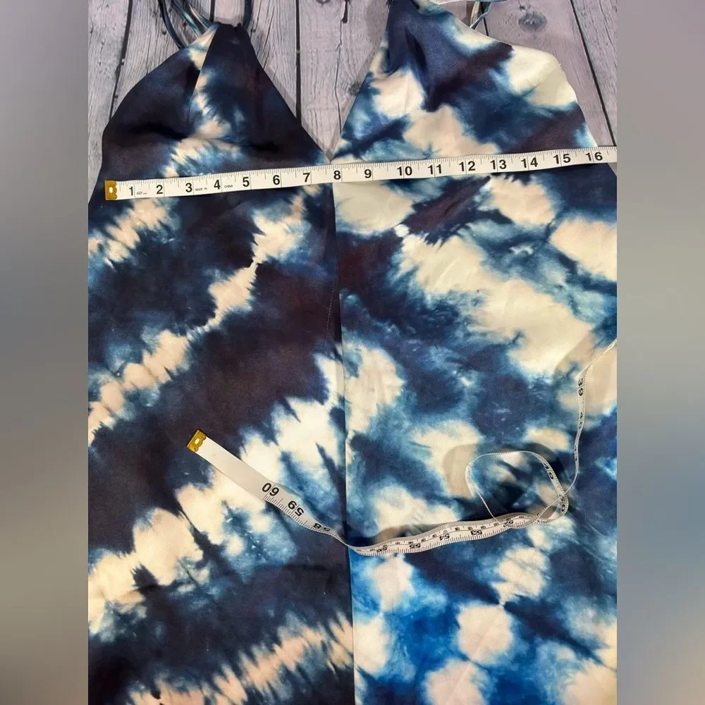 Zara Blue White Strappy V Neck Tie-Dye Satin Effect Boho Beachy Midi Dress M/L